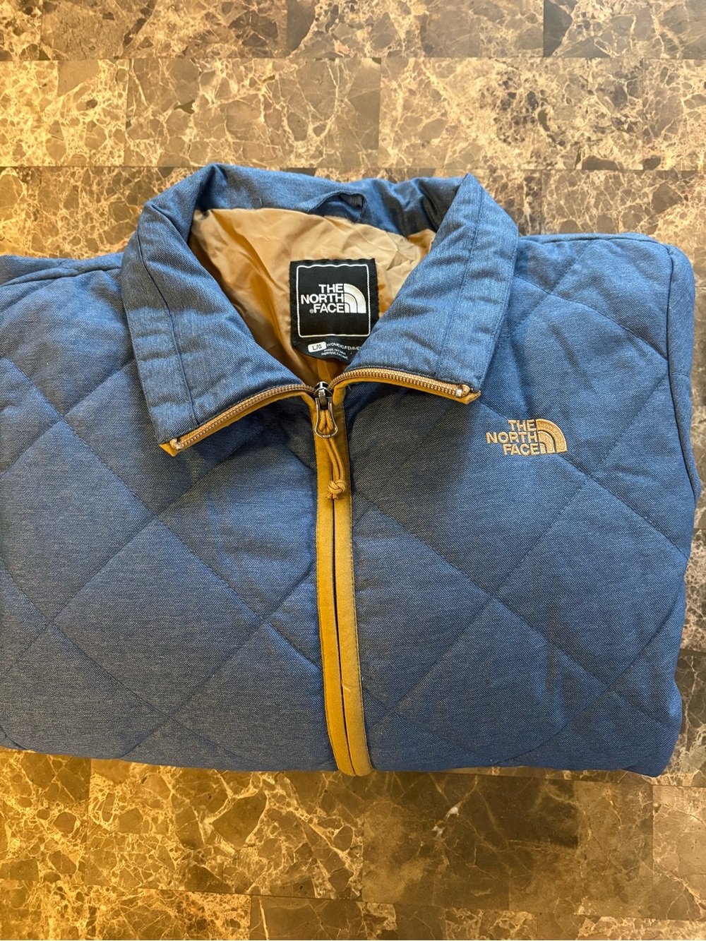 The North Face Blue Quilted Puffer with Tan Trim